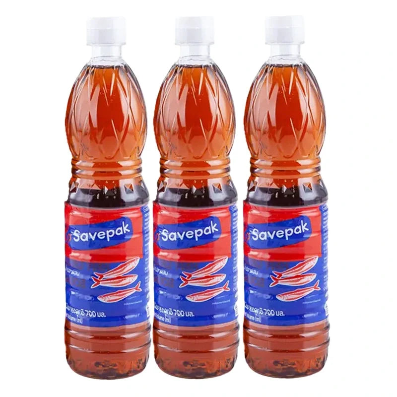 Three bottles of Savepak Fish Sauce, 700ml each, in clear plastic bottles with red caps, for use in cooking and seasoning.