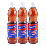 Three bottles of Savepak Fish Sauce, 700ml each, in clear plastic bottles with red caps, for use in cooking and seasoning.