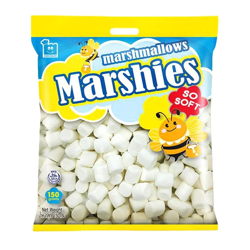 Marshies Vanilla Medium White Marshmallows in 150g package, soft confectionery snack from MARSHIES, perfect for snacking or baking.