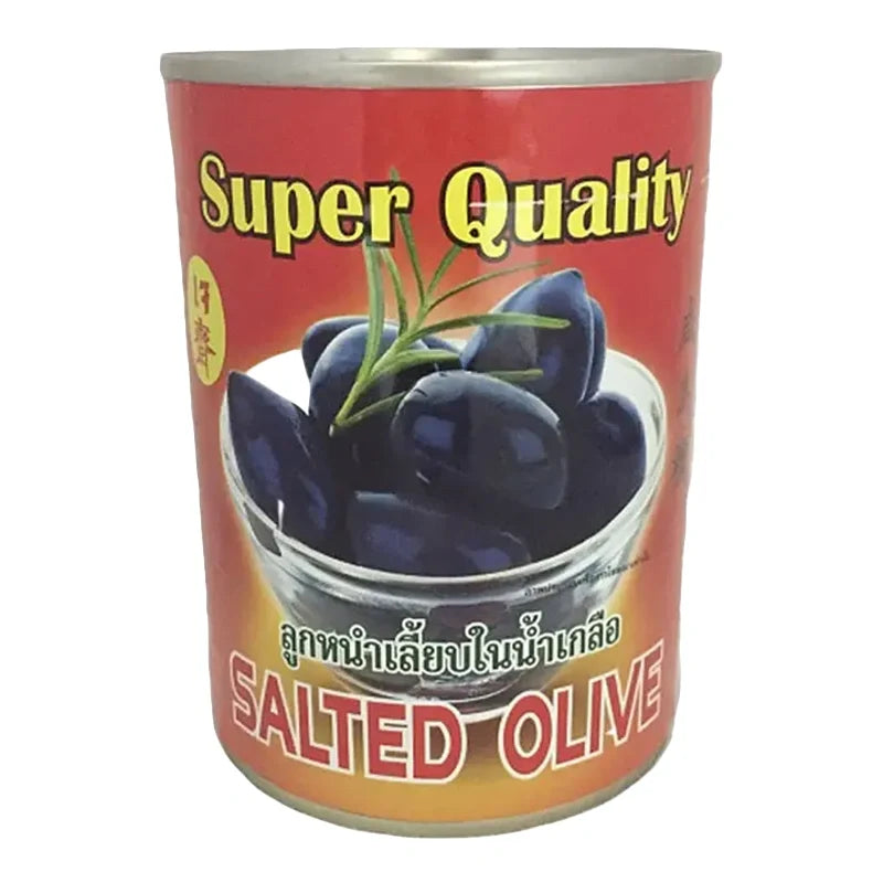 Twin Tusk Leng Heng salted olives in a 565g jar, showcasing the dry grocery product with visible olives and label.