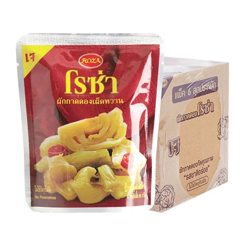 Roza Green Mustard Spicy and Sweet in a 145g jar, shown in a six-pack, part of ROZA dry grocery product lineup.