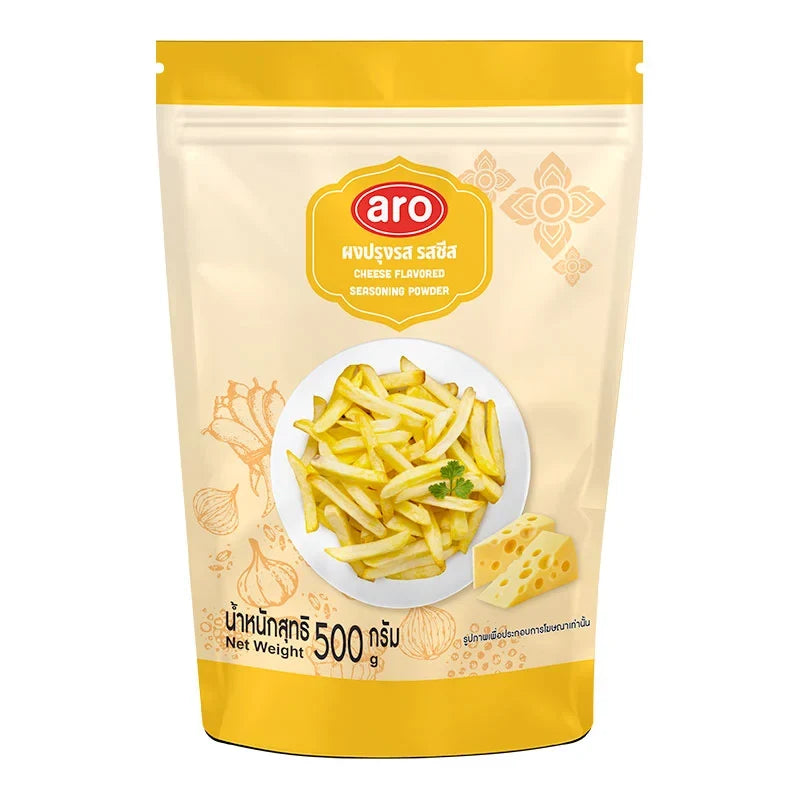 Aro cheese seasoning powder in a 500g package, dry grocery product, showing the cheese-flavored seasoning powder in a sealed bag.