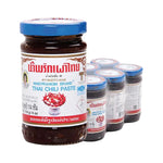 Maepranom Chili Paste in 144g containers, six-pack, Thai dry grocery product with vibrant red chili paste in clear jars.