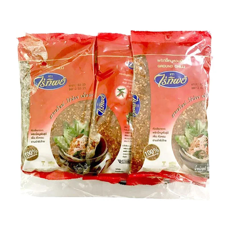 RAITIP Ground Chili in 100g packs, dry grocery product, showing six packages of red chili powder with label on each.