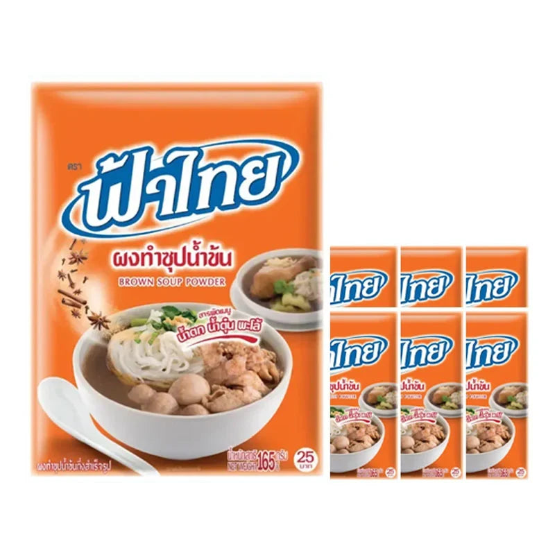 Fathai Brown Soup Powder 165g, shown in six packs, dry grocery product with brown powder in a clear container.