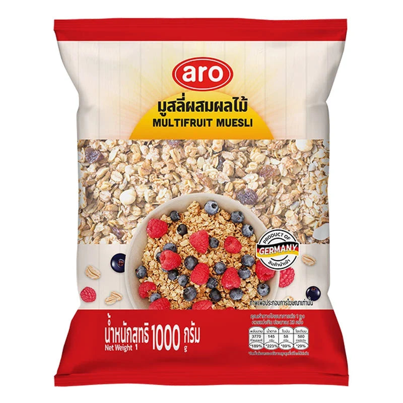 Aro Cereal Muesli Fruity 1kg box with colorful dried fruits and oats, ideal for breakfast or healthy snacking.