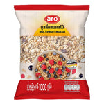 Aro Cereal Muesli Fruity 1kg box with colorful dried fruits and oats, ideal for breakfast or healthy snacking.