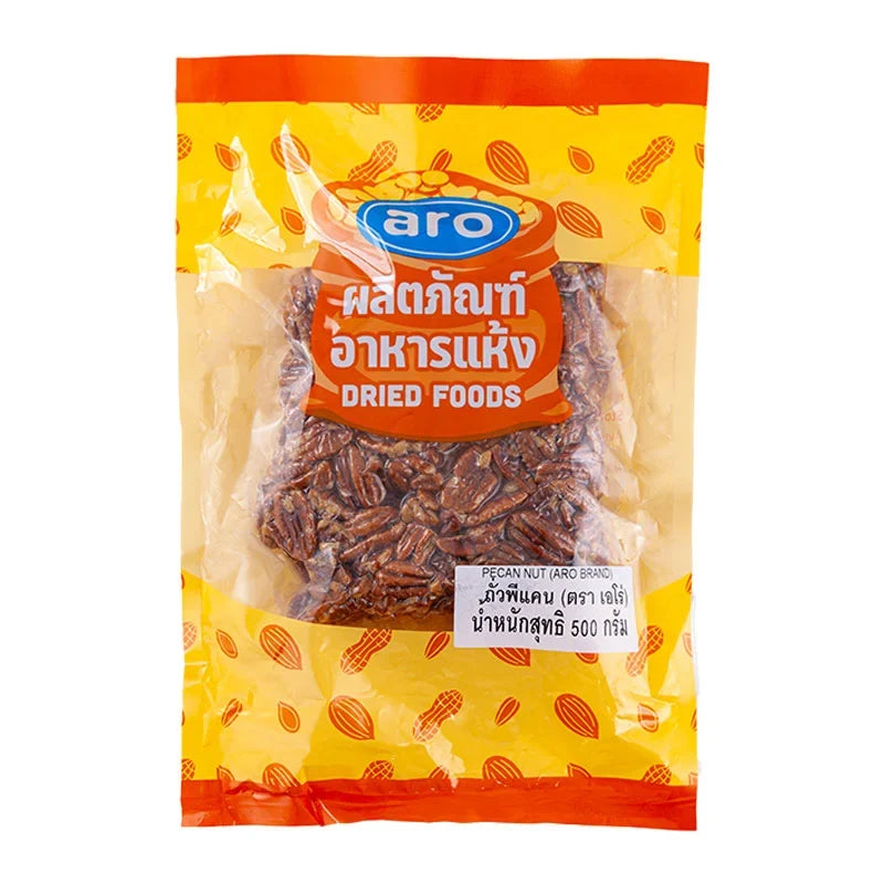 Aro Pecan Nuts in 500g bag, dry grocery product, showing a close-up of fresh, crunchy pecan nuts in a clear package.