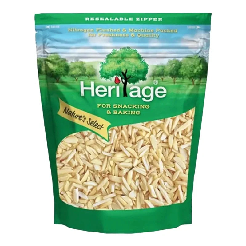 Heritage slivered almonds in a clear container, showing the light brown, thinly sliced almonds used in baking and cooking.