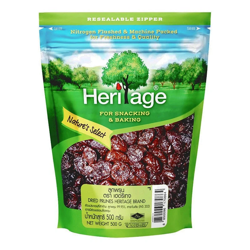 Heritage dried seedless prunes in a 500g package, showing plump, dark dried fruit ready for snacking or cooking.