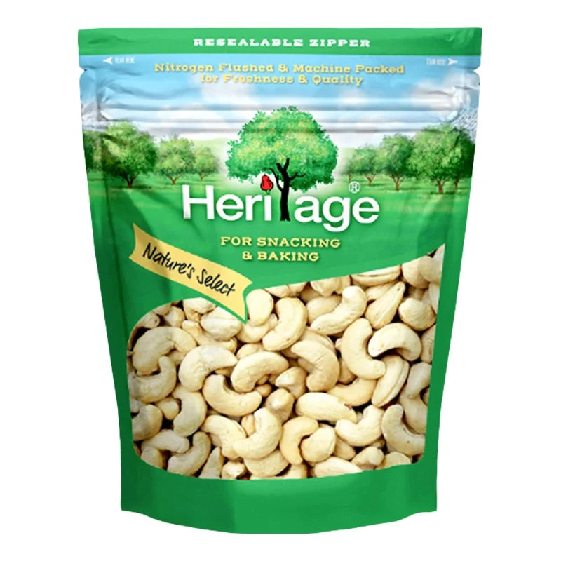 Heritage toasted cashew nuts in a 500g package, dry grocery product, showing a close-up of golden-brown cashews.