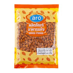 Raw ARO Whole Almond Seeds in a 500g package, showing a close-up of light brown almonds in a clear bag.