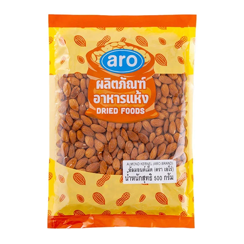 Raw ARO Whole Almond Seeds in a 500g package, showing a close-up of light brown almonds in a clear bag.