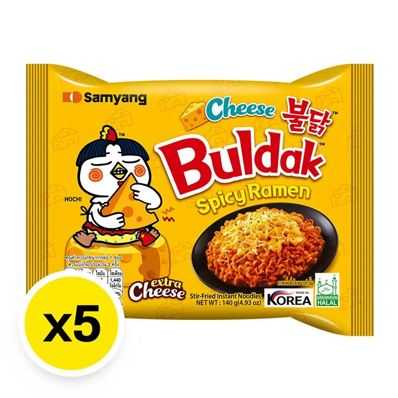 Samyang Ramen Hot Chicken Cheese flavor, 140g packages, stacked with spicy noodle cups and cheese seasoning packets.