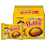 Pack of five Samyang Hot Chicken Cheese ramen noodles, 140g each, in dry grocery product with spicy cheese flavor.