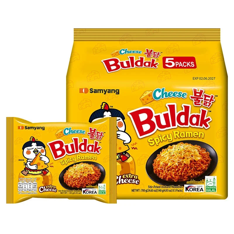 Pack of five Samyang Hot Chicken Cheese ramen noodles, 140g each, in dry grocery product with spicy cheese flavor.