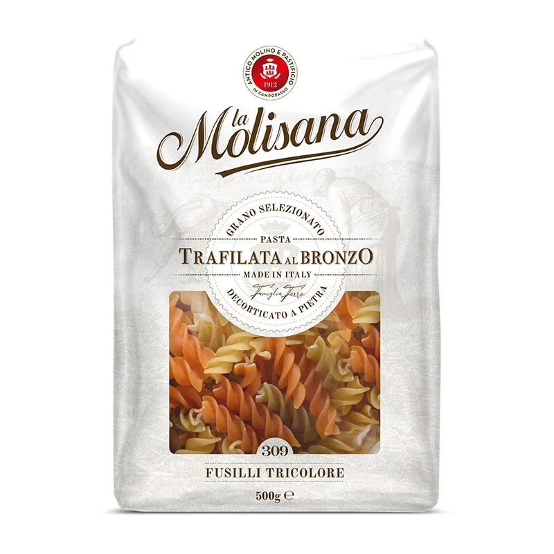 Dry grocery image of Lamolisana Fusilli Tricolor No.309 pasta in 500g package showcasing colorful spiral pasta from LAMOLISANA.