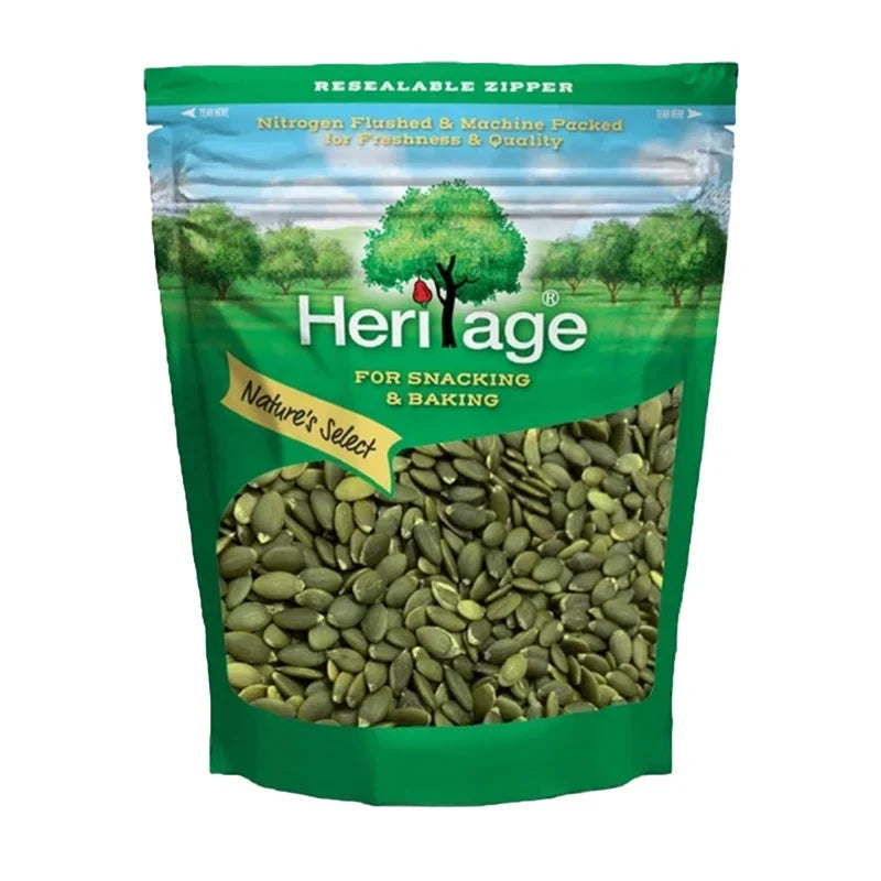 Heritage dry roasted pumpkin seeds in a 454g package, ideal for healthy snacks and dry grocery shopping.