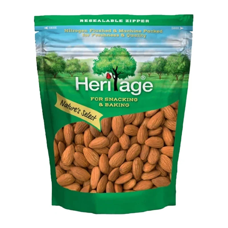 Heritage Whole Almond Seeds in a 500g package, display of fresh, natural almonds with light brown shells for dry grocery use.