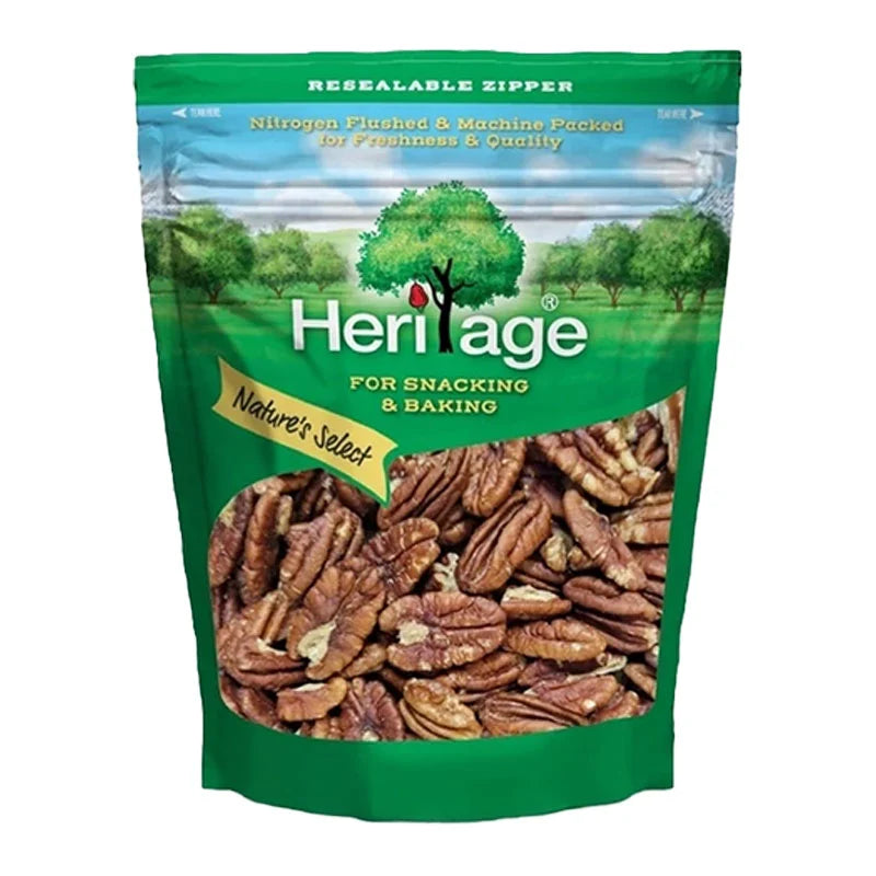 Heritage Pecan 454g in clear bag, showcasing golden-brown pecans for dry grocery or baking use.