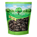 Heritage Thompson Seedless Black Raisins 500g dry grocery package with dried black raisins visible in a clear bag.