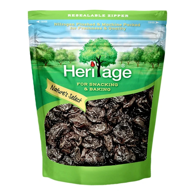 Heritage Thompson Seedless Black Raisins 500g dry grocery package with dried black raisins visible in a clear bag.