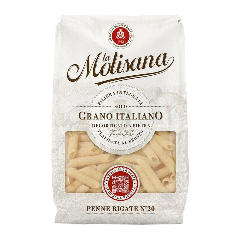 Lamolisana Penne Rigate No.20 dry pasta in 500g package, showcasing uncooked pasta with ridged surface and brand label.
