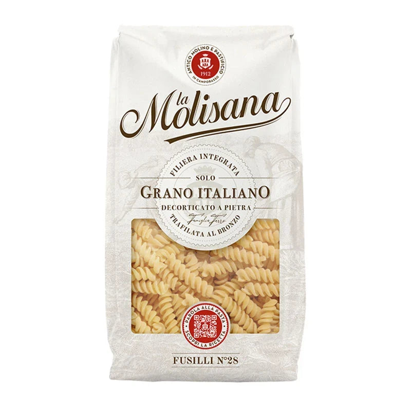 Dry grocery image of Lamolisana Fusilli No.28 pasta in 500g package, showcasing spiral-shaped Italian pasta from LAMOLISANA.