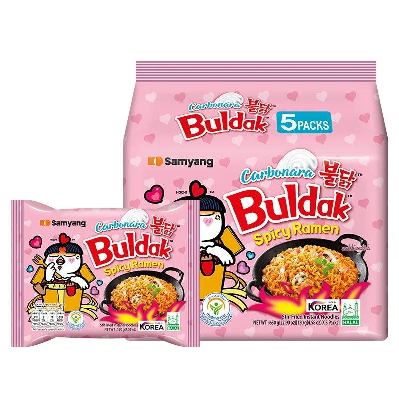 Samyang Ramen Hot Chicken Carbonara instant noodles, 130g pack, showing the spicy chicken flavor in a dry grocery product image.