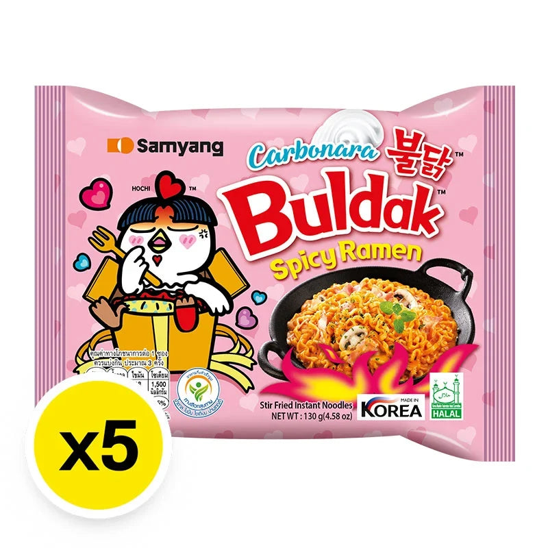 Samyang Ramen Hot Chicken Carbonara 130g pack, dry grocery instant noodles with spicy chicken and creamy carbonara flavor.