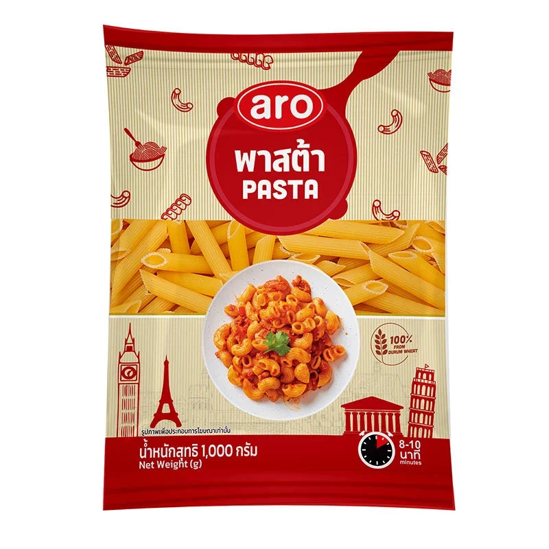 Dry grocery ARO Penne Pasta 1kg bag, showing golden Italian-style pasta with ridged surface in a clear package.