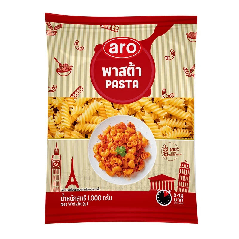A package of ARO Fusilli Pasta 1kg, dry grocery product showing uncooked spiral-shaped pasta in a clear bag.