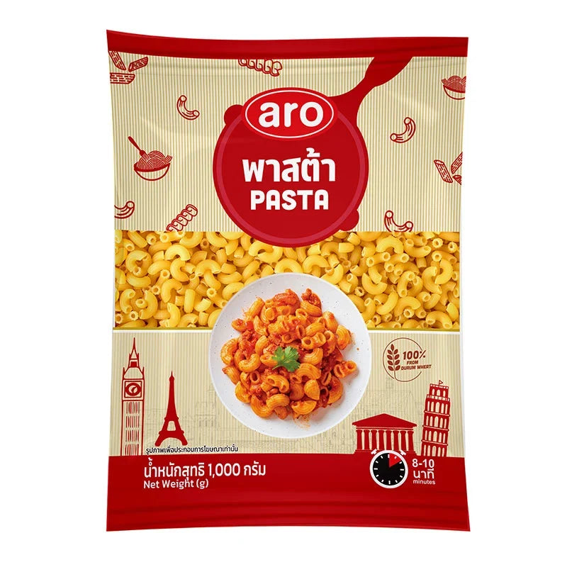 A package of ARO Elbow Pasta 1kg in a clear plastic bag showing dried, curved pasta shapes suitable for cooking.