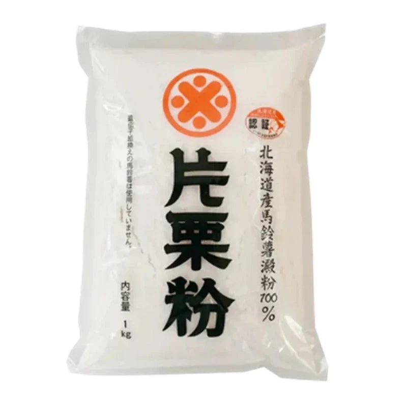 Maeda Katakuriko potato starch flour in three 1kg bags, dry grocery product, white powder used for cooking and thickening.