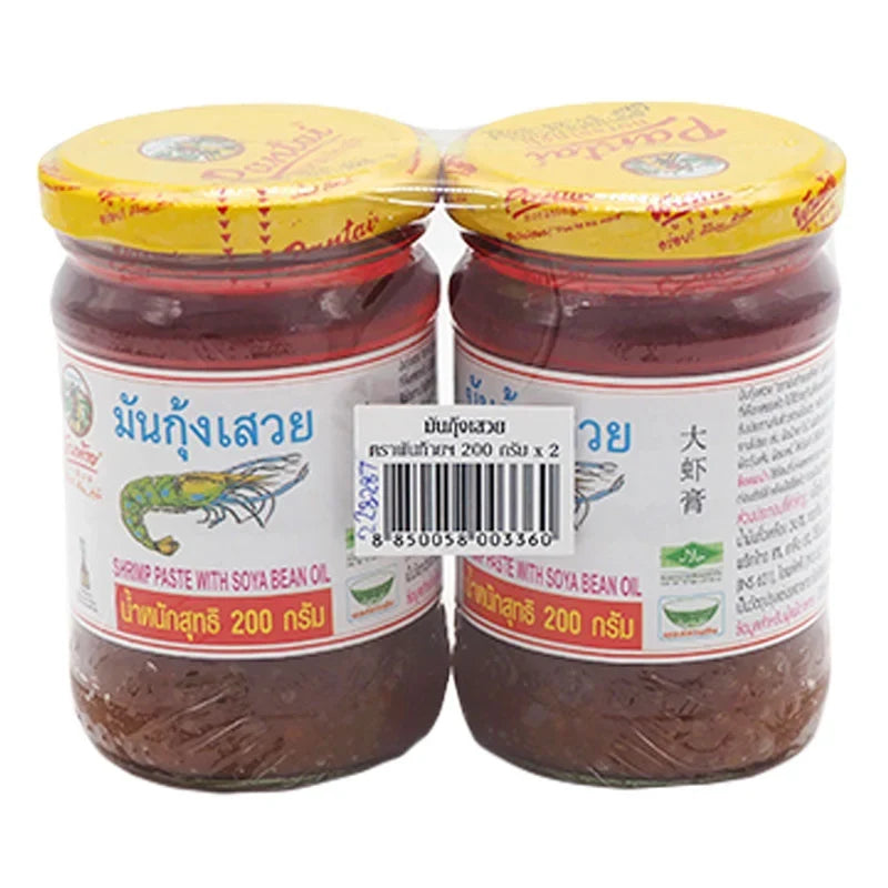 Pantainorasingh shrimp paste with soy bean oil in 200g packs, showcasing the dry grocery product with a close-up of the packaging.