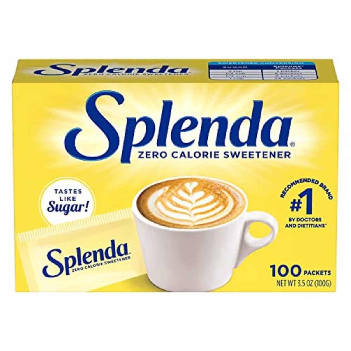 Splenda No Calories sweetener packet, healthy grocery product with a yellow and green label, ideal for sugar replacement.