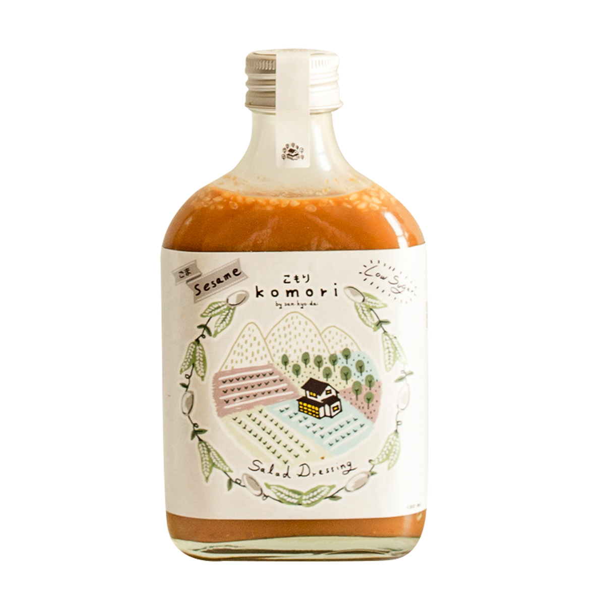 Bottle of Komori Sesame Salad Dressing showing the label and cap, ideal for healthy grocery and salad enhancement.