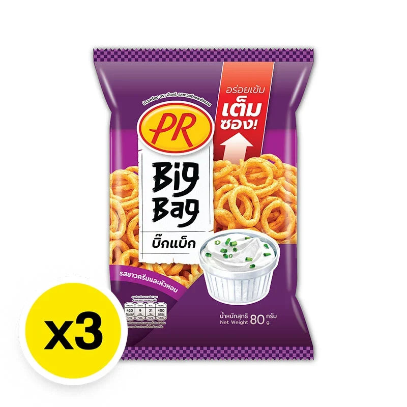 PR Rice Crackers Sour Cream and Onion snack pack, 80g x3, crunchy dry grocery snack with savory flavor, ideal for snack lovers.