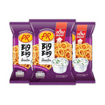 PR Rice Cracker Sour Cream and Onion snack pack, 80g x3, dry grocery snack with crispy rice crackers flavored with sour cream and onion.