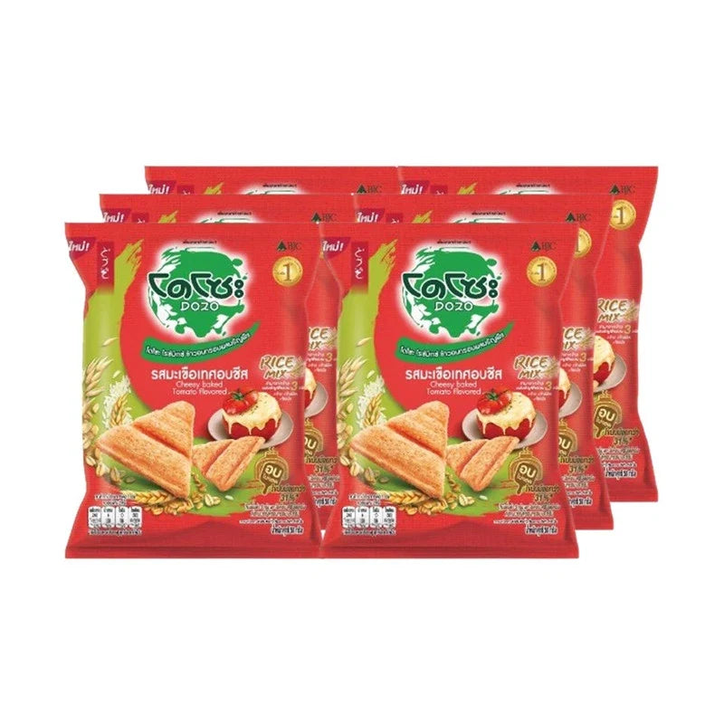 Dozo Rice Mix Crispy with Grains Tomato Cheese flavor snack, 50g x6 packs, featuring crispy grains and colorful packaging.