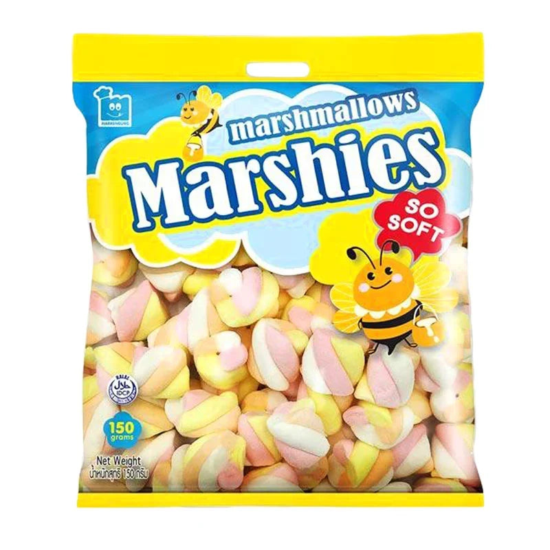 MARSHIES Twist Marshmallows 150g package featuring colorful twisted marshmallow candies from the snack confectionery category.