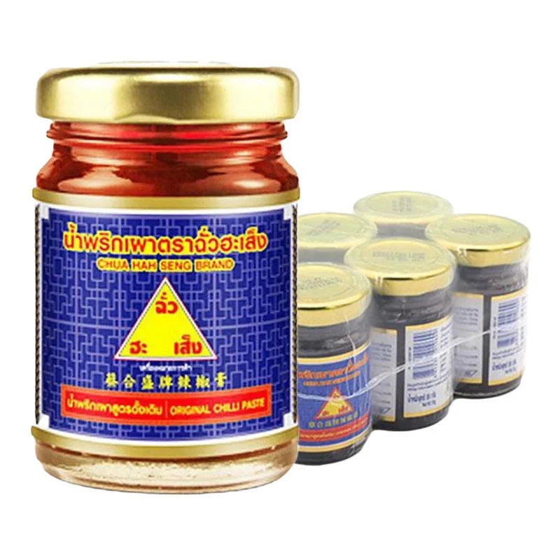 Chua Hah Seng Chili Paste 59g pack, dry grocery product with six jars, showing vibrant red chili paste in glass jars.