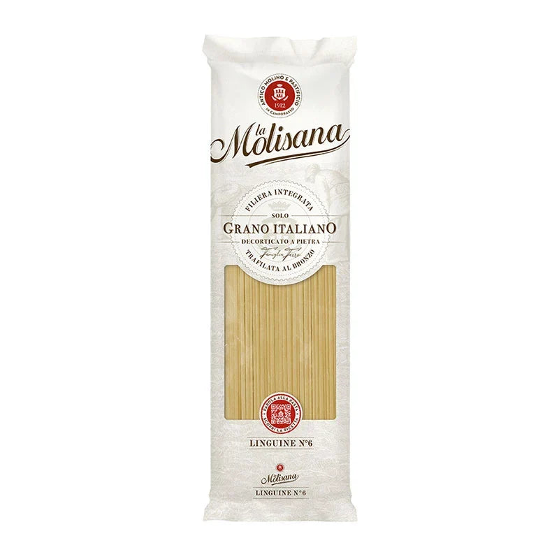 Dry grocery Lamolisana Linguine No.6 pasta in a 500g package, with golden, thin, long spaghetti strands on a white background.