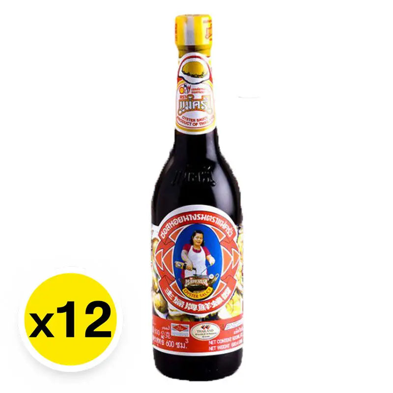 Maekrua Oyster Sauce 600ml bottle, typical packaging for Maekrua dry grocery product, showing the dark sauce inside.