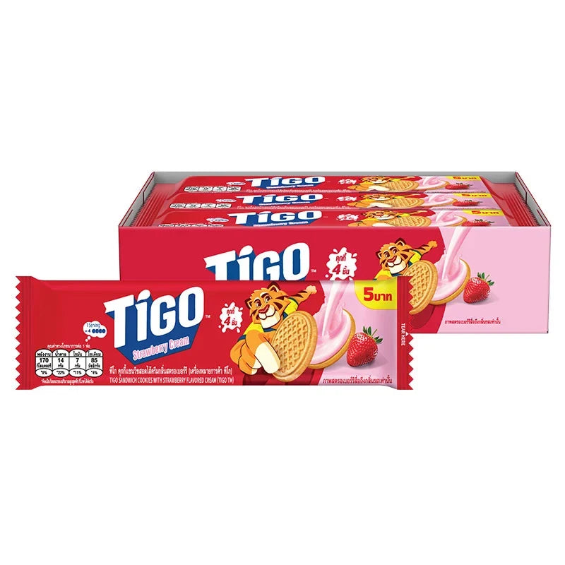 TIGO Sandwich Cookies with strawberry cream, 35g each, packed in a box, perfect for snacks and confectionery.
