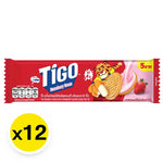 TIGO Sandwich Cookies with strawberry cream filling, 35g packs, stacked and displayed in a row.