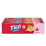 TIGO Sandwich Cookies with Strawberry Cream, 35g pack, showing stacked cookies with strawberry filling and packaging.