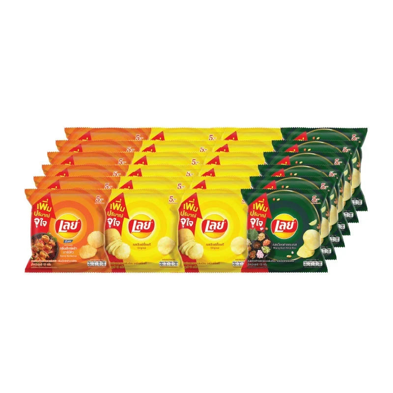 Lay's Salt BBQ Potato Chips Set, 24 bags of 13g each, crispy snack in colorful packaging, ideal for dry grocery and snacks.