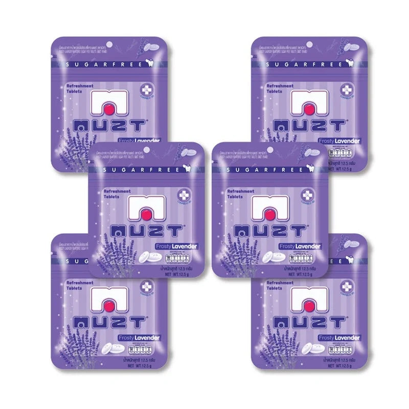 Muzt Sugar-Free Lozenges Frosty Lavender 12.5g pack, mint-flavored sugar-free confectionery for dry grocery and snacks.
