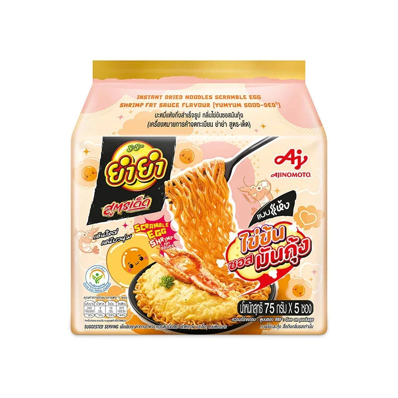 YUMYUM Soodded Instant Noodle with dried scramble egg and shrimp sauce in dry grocery packaging